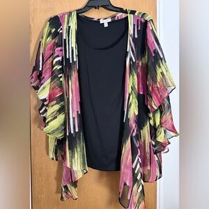 Dress Barn Black Sweater with Pink and Yellow Chiffon Overlay
